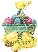 a basket with eggs and chicks